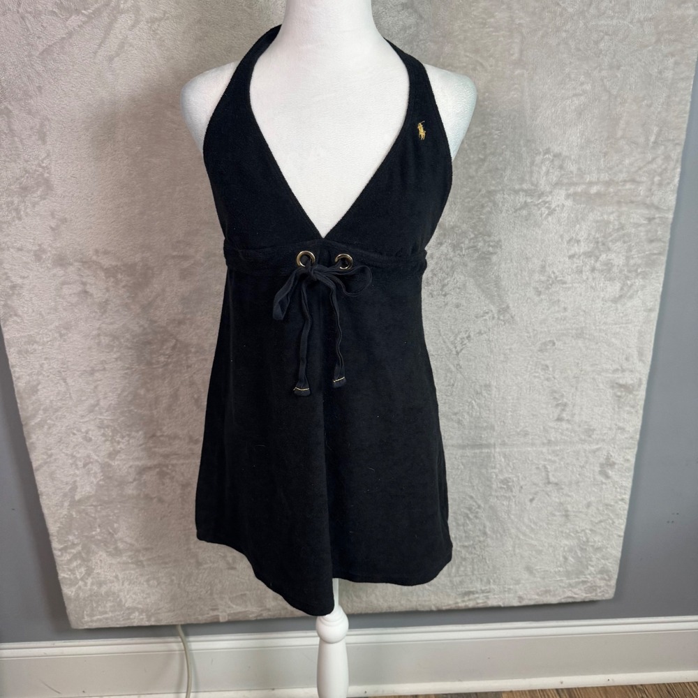 Vintage Ralph Lauren Womens Terry Cloth Halter Swim Cover Up Dress M Black Gold